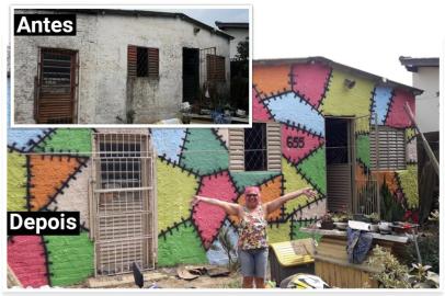 Montagem com fotos de antes e depois da casa da costureira Valéria Beatriz Monteiro dos Santos, que teve a fachada revitalizada por familiares e amigos em Viamão.<!-- NICAID(14611980) -->