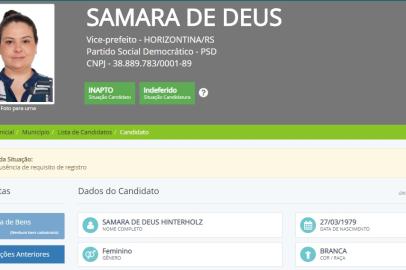 Irmã do deputado federal Danrlei de Deus (PSD), a dona de casa Samara de Deus Hinterholz teve sua candidatura a vice-prefeita de Horizontina indeferida pela Justiça Eleitoral. Ela se lançou candidata na chapa encabeçada por Marcos Aurélio Schneider. Ambos são filiados ao PSD. 