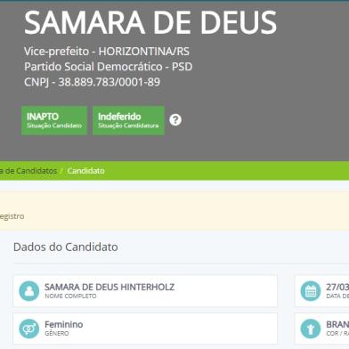 Irmã do deputado federal Danrlei de Deus (PSD), a dona de casa Samara de Deus Hinterholz teve sua candidatura a vice-prefeita de Horizontina indeferida pela Justiça Eleitoral. Ela se lançou candidata na chapa encabeçada por Marcos Aurélio Schneider. Ambos são filiados ao PSD. 