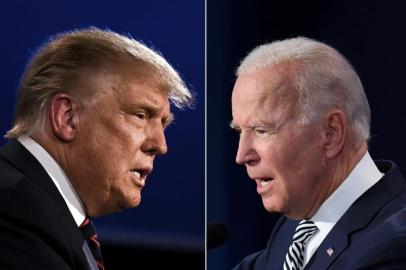 (FILES)(COMBO) This combination of file pictures created on September 29, 2020 shows US President Donald Trump (L) and Democratic Presidential candidate former Vice President Joe Biden squaring off during the first presidential debate at the Case Western Reserve University and Cleveland Clinic in Cleveland, Ohio on September 29, 2020. - Two weeks before the polls, the contrast in campaign strategies between Trump, 74, and Biden, 77, has never been more pronounced: the Republican president led another rally in the battleground state of Pennsylvania October 20, 2020, while Democrat Biden stayed mostly out of sight ahead of a pivotal televised debate on October 22, 2020. Both candidates will get something of a reality check on Thursday when they meet for their second and final televised debate. (Photos by JIM WATSON and SAUL LOEB / AFP)<!-- NICAID(14622938) -->