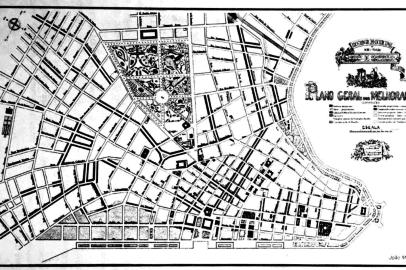  Planta do Plano Geral  de Melhoramentos, de 1914, coordenado pelo engenheiro e arquiteto João Moreira Maciel, para Porto Alegre. <!-- NICAID(14628064) -->