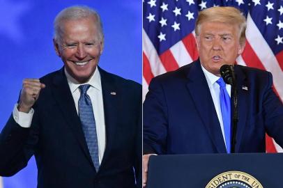  (COMBO) This combination of pictures created on November 4, 2020 shows Democratic presidential nominee Joe Biden gestures after speaking during election night at the Chase Center in Wilmington, Delaware, and US President Donald Trump speaks during election night in the East Room of the White House in Washington, DC, early on November 4, 2020. - President Donald Trump and Democratic challenger Joe Biden are battling it out for the White House, with polls closed across the United States Tuesday -- and a long night of waiting for results in key battlegrounds on the cards. (Photos by ANGELA  WEISS and MANDEL NGAN / AFP)Editoria: POLLocal: WashingtonIndexador: ANGELA  WEISSSecao: electionFonte: AFPFotógrafo: STF<!-- NICAID(14634844) -->