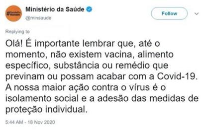 Print de post deletado do Ministério da Saúde defendendo medidas de isolamento social. Foto: Twitter/Reprodução<!-- NICAID(14647321) -->