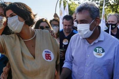 Manuela e Melo em agendas de campanha neste domingo, 22 de novembro de 2020. Fotos: Danilo Christidis/Divulgação e Félix Zucco/Agência RBS<!-- NICAID(14650234) -->