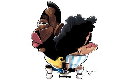 Caricatura de Pelé de mãos dadas com Maradona