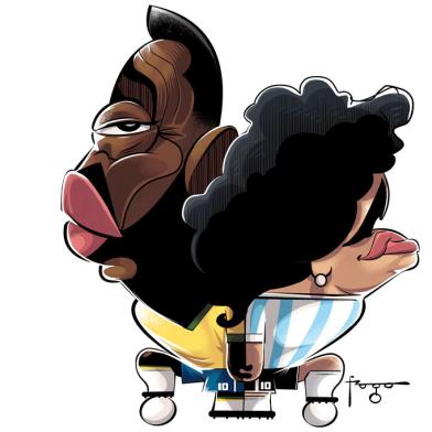 Caricatura de Pelé de mãos dadas com Maradona