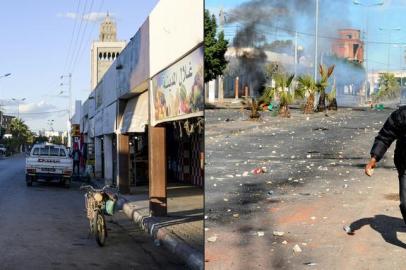  (COMBO) This combination of pictures created on November 18, 2020 shows Tunisian vehicles at Habib Bourguiba street in Regueb near Sidi Bouzid on October 27, 2020 and a Tunisian demonstrator covering his face as he holds a rock during clashes with security forces on January 10, 2011 at the same place. - Ten years ago, a wildfire of revolts in the Arab world touched off an unlikely series of events that swelled, then dashed many hopes, and irrevocably changed the region. (Photos by FETHI BELAID / AFP)Editoria: WARLocal: ReguebIndexador: FETHI BELAIDSecao: conflict (general)Fonte: AFPFotógrafo: STR<!-- NICAID(14662238) -->