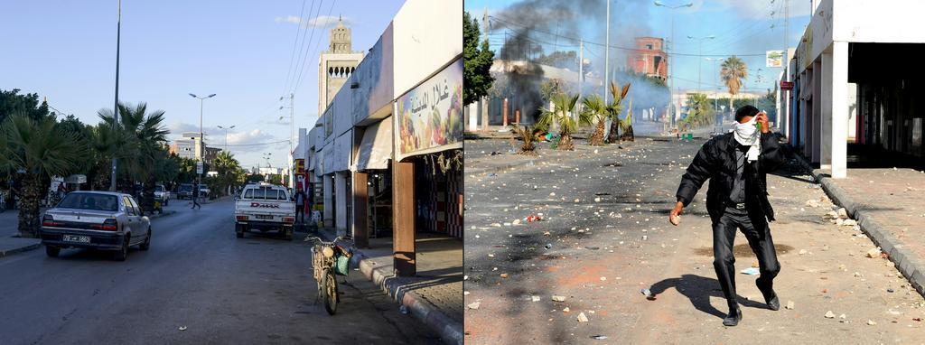  (COMBO) This combination of pictures created on November 18, 2020 shows Tunisian vehicles at Habib Bourguiba street in Regueb near Sidi Bouzid on October 27, 2020 and a Tunisian demonstrator covering his face as he holds a rock during clashes with security forces on January 10, 2011 at the same place. - Ten years ago, a wildfire of revolts in the Arab world touched off an unlikely series of events that swelled, then dashed many hopes, and irrevocably changed the region. (Photos by FETHI BELAID / AFP)Editoria: WARLocal: ReguebIndexador: FETHI BELAIDSecao: conflict (general)Fonte: AFPFotógrafo: STR<!-- NICAID(14662238) -->