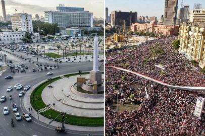  (COMBO) This combination of pictures created on November 24, 2020 shows a general view of Cairos Tahrir Square (R to L) on February 18, 2011 as it is filled with protesters celebrating the ouster of former president Hosni Mubarak a week after the massive protests against him, which had erupted after a revolt toppled Tunisias ruler in what becomes known as the Arab Spring; and the same view almost ten years later on November 11, 2020. - Ten years ago, a wildfire of revolts in the Arab world touched off an unlikely series of events that swelled, then dashed many hopes, and irrevocably changed the region. (Photo by KHALED DESOUKI and Pedro UGARTE / AFP)Editoria: WARLocal: CairoIndexador: KHALED DESOUKISecao: civil unrestFonte: AFPFotógrafo: STF<!-- NICAID(14662241) -->