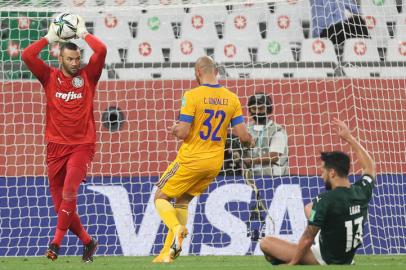 O time da SE Palmeiras, em jogo contra a equipe do CF Tigres UANL, durante partida válida pela semi final, da Copa do Mundo de Clubes da FIFA 2020, no Estádio Education City. (Foto: Cesar Greco)Indexador: Cesar Greco<!-- NICAID(14708953) -->