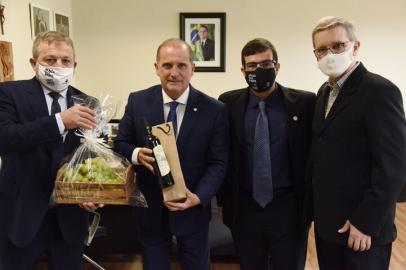 Presidente da Câmara de Vereadores, Velocino Uez/PTB, e o presidente da Comissão de Saúde e Meio Ambiente (CSMA), vereador Rafael Bueno/PDT,  com o ministro da Cidadania, Onix Lorenzoni, juntamente com o frei Jaime Bettega. Eles foram em busca de recursos para o Recanto da Compaixão Frei Salvador, no antigo INSS<!-- NICAID(14709393) -->