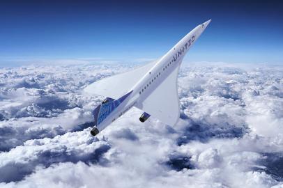 This undated artist rendering released by Boom Supersonic shows the companys supersonic airplane with the United Airlines logo. - United Airlines announced plans on June 3, 2021, to buy 15 planes from airline startup Boom Supersonic in a move that could revive the high-speed form of air travel. Under the commercial agreement, United would purchase Booms Overture aircraft once the planes meet Uniteds demanding safety, operating and sustainability requirements with an aim to start passenger travel in 2029, the companies said in a joint press release. (Photo by - / Boom Supersonic / AFP) / RESTRICTED TO EDITORIAL USE - MANDATORY CREDIT AFP PHOTO / Copyright © 2021 Boom Supersonic - NO MARKETING - NO ADVERTISING CAMPAIGNS - DISTRIBUTED AS A SERVICE TO CLIENTSEditoria: FINIndexador: -Secao: air transportFonte: Boom SupersonicFotógrafo: Handout<!-- NICAID(14800832) -->