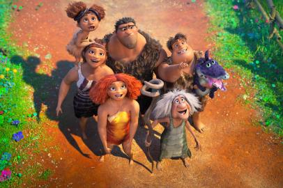 (clockwise, from top left) Sandy Crood (Kailey Crawford), Grug Crood (Nicolas Cage), Thunk Crood (Clark Duke), Gran (Cloris Leachman), Eep Crood (Emma Stone) and Ugga Crood (Catherine Keener) in DreamWorks Animations The Croods: A New Age, directed by Joel Crawford.<!-- NICAID(14820750) -->