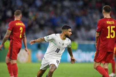 Italys forward Lorenzo Insigne celebrates scoring the teams second goal during the UEFA EURO 2020 quarter-final football match between Belgium and Italy at the Allianz Arena in Munich on July 2, 2021. (Photo by Christof STACHE / POOL / AFP)Editoria: SPOLocal: MunichIndexador: CHRISTOF STACHESecao: soccerFonte: POOLFotógrafo: STR<!-- NICAID(14824683) -->