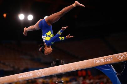 Brazils Rebeca Andrade competes in the balance beam event of the artistic gymnastics womens all-around final during the Tokyo 2020 Olympic Games at the Ariake Gymnastics Centre in Tokyo on July 29, 2021. (Photo by Loic VENANCE / AFP)<!-- NICAID(14848693) -->