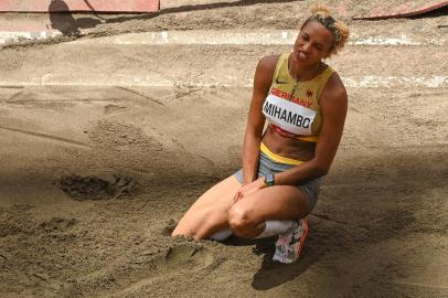 Germanys Malaika Mihambo competes in the womens long jump final during the Tokyo 2020 Olympic Games at the Olympic Stadium in Tokyo on August 3, 2021. (Photo by Ina FASSBENDER / AFP)<!-- NICAID(14852161) -->