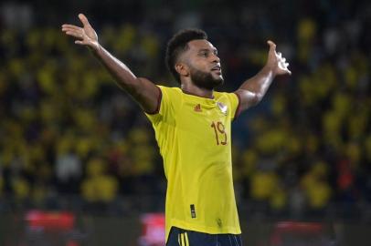 Colombias Miguel Angel Borja celebrates after scoring against Chile during the South American qualification football match for the FIFA World Cup Qatar 2022 at the Roberto Melendez Metropolitan Stadium in Barranquilla, Colombia, on September 9, 2021.Juan BARRETO / AFP