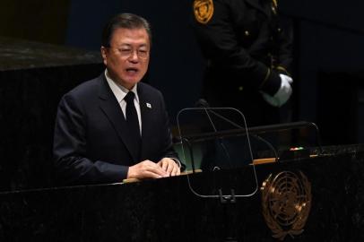 NEW YORK, NEW YORK - SEPTEMBER 21: South Koreas President Moon Jae-in addresses the 76th Session of the U.N. General Assembly on September 21, 2021 at U.N. headquarters in New York City. More than 100 heads of state or government are attending the session in person, although the size of delegations is smaller due to the Covid-19 pandemic.   Timothy A. Clary-Pool/Getty Images/AFP (Photo by POOL / GETTY IMAGES NORTH AMERICA / Getty Images via AFP)<!-- NICAID(14900056) -->