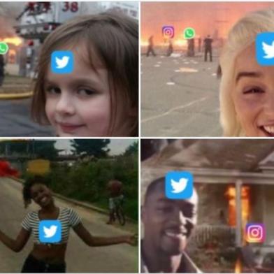 Colagem de memes do Twitter sobre queda de WhatsApp, Facebook e Instagram<!-- NICAID(14905639) -->