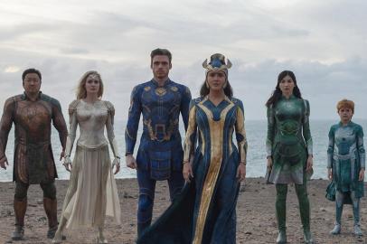 (L-R): Kingo (Kumail Nanjiani), Makkari (Lauren Ridloff), Gilgamesh (Don Lee), Thena (Angelina Jolie), Ikaris (Richard Madden), Ajak (Salma Hayek), Sersi (Gemma Chan), Sprite (Lia McHugh), Phastos (Brian Tyree Henry) and Druig (Barry Keoghan) in Marvel Studios ETERNALS. Photo courtesy of Marvel Studios. Â©Marvel Studios 2021. All Rights Reserved.<!-- NICAID(14923212) -->