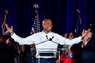 New York City Democratic Mayor-elect Eric Adams gestures to supporters during his 2021 election victory night party at the Brooklyn Marriott on November 2, 2021 in New York City. - Ex-policeman Eric Adams was elected New York Citys next mayor and will become just the second African American to lead the United Statess largest city. (Photo by ANGELA WEISS / AFP)<!-- NICAID(14932428) -->