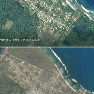 (COMBO) This combination of two handout images taken on January 9, 2022 (top) and on January 17, 2022 (bottom) and made available by 2022 Planet Labs PBC shows a before (top image) and after (bottom image) comparison of volcanic ash-covered Niutoua on Tongatapu island on Tonga, caused by the eruption of the Hunga Tonga-Hunga Ha?apai volcano. (Photo by Handout / © 2022 Planet Labs PBC. / AFP) / RESTRICTED TO EDITORIAL USE - MANDATORY CREDIT AFP PHOTO /  © 2022 Planet Labs PBC. - NO MARKETING - NO ADVERTISING CAMPAIGNS - DISTRIBUTED AS A SERVICE TO CLIENTS<!-- NICAID(14992445) -->