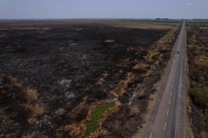 MAÇAMBARÁ, RS, BRASIL - 20.01.2022 - Reserva Ecológica São Donato, entre Maçambará e Itaqui, na fronteira do RS, sofre com a seca e os incêndios. Mil hecatres queimadas de uma área de 4 mil e 500 hectares. Agentes do SEMA contabilizam os estragos caudados pelas queimadas. (Foto: Jefferson Botega/Agencia RBS)<!-- NICAID(14995001) -->