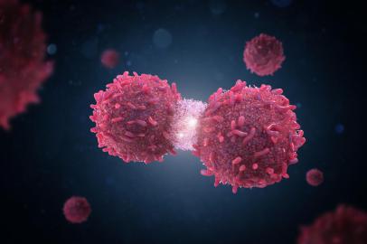 3d rendering red cancer cell divide or spread outIndexador: Kittipong JirasukhanontFonte: 368584628<!-- NICAID(14999549) -->