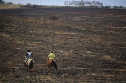 URUGUAIANA, RS, BRASIL - 19.01.2022 - Queimadas em Uruguaiana. Mais de 10 mil hectares já foram perdidos com os incêndios que atingem a Fronteira Oeste neste começo de ano. Na foto, Seu Miguel (de amarelo) e Leandro, cavalgam em meio ao campo todo queimado pelo fogo. (Foto: Jefferson Botega/Agencia RBS)Indexador: Jeff Botega<!-- NICAID(14993870) -->