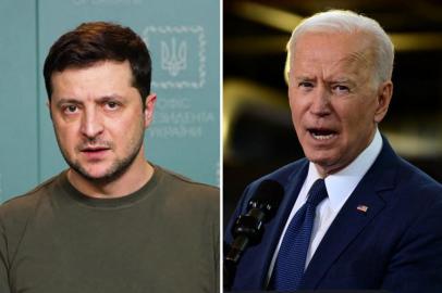 Os presidentes Volodymyr Zelensky, da Ucrânia, e Joe Biden, dos Estados Unidos.<!-- NICAID(15030221) -->