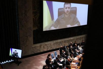 NEW YORK, NEW YORK - APRIL 05: Ukrainian President Volodymyr Zelensky addresses the United Nations (UN) Security Council via video link on April 05, 2022 in New York City. The Security Council session was called to consider Ukrainian allegations of mass murder of civilians in the town of Bucha by Russian soldiers. Hundreds of bodies, some bound and shot at close range, were discovered in the town northwest of Kyiv after Russian soldiers left.   Spencer Platt/Getty Images/AFP (Photo by SPENCER PLATT / GETTY IMAGES NORTH AMERICA / Getty Images via AFP)<!-- NICAID(15060330) -->