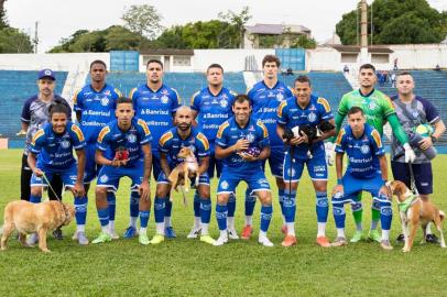 *A pedido de João Praetzel* Em incentivo à adoção, jogadores do Aimoré entram em campo com cães abandonados, na estreia da série D do Brasileirão / Foto: Digue Cardoso/Arquivo Pessoal<!-- NICAID(15071479) -->