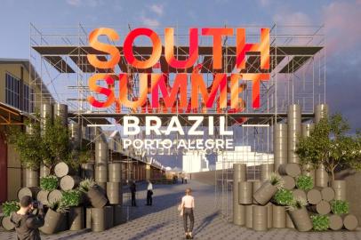 Projeto do pórtico de entrada do South Summit Brasil 2022, no Cais Mauá, em Porto Alegre, feito pela Estojo Arquitetura.<!-- NICAID(15080543) -->