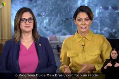 A primeira-dama Michelle Bolsonaro participou de um pronunciamento ao lado da ministra Cristiane Britto, da pasta da Mulher, da Família e dos Direitos Humanos, neste domingo (8), para divulgar ações do governo voltadas às mulheres.<!-- NICAID(15092141) -->