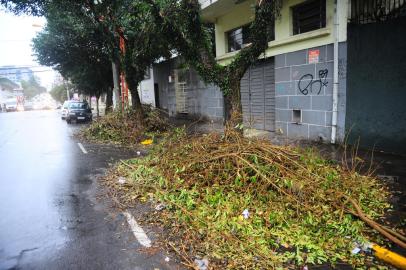 CAXIAS DO SUL, RS, BRASIL, 10/05/2022. Galhos que foram cortados de árvores na rua Vinte de Setembro, entre a Coronel Flores e Moreira César, ainda permanecem no local. (Porthus Junior/Agência RBS)<!-- NICAID(15092440) -->