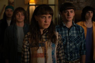 STRANGER THINGS. (L to R) Eduardo Franco as Argyle, Charlie Heaton as Jonathan, Millie Bobby Brown as Eleven, Noah Schnapp as Will Byers, and Finn Wolfhard as Mike Wheeler in STRANGER THINGS. Cr. Courtesy of Netflix  Â© 2022<!-- NICAID(15102830) -->