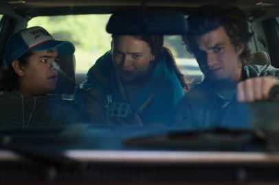 STRANGER THINGS. (L to R) Gaten Matarazzo as Dustin Henderson, Sadie Sink as Max Mayfield and Joe Keery as Steve Harrington in STRANGER THINGS. Cr. Courtesy of Netflix Â© 2022 STRANGER THINGS. (L to R) Joe Keery as Steve Harrington, Joseph Quinn as Eddie Munson, Natalia Dyer as Nancy Wheeler, and Maya Hawke as Robin Buckley in STRANGER THINGS. Cr. Courtesy of Netflix  Â© 2022<!-- NICAID(15106974) -->