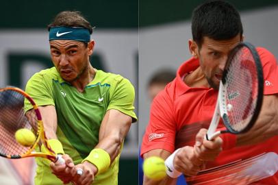 (COMBO/FILES) This combination of file photographs created on May 30, 2022, shows (L) Spains Rafael Nadal as he returns the ball to Netherlands Botic Van De Zandschulp during their mens singles match on day six of the Roland-Garros Open tennis tournament at the Court Suzanne-Lenglen in Paris on May 27, 2022 and (R) Serbias Novak Djokovic as he plays a backhand return to Argentinas Diego Schwartzman during their mens singles match on day eight of the Roland-Garros Open tennis tournament at the Court Suzanne Lenglen in Paris on May 29, 2022. - Novak Djokovic renews his epic 16-year rivalry with Rafael Nadal at the French Open on May 31, 2022, with a semi-final spot at stake and where victory could end the 13-time champions Roland Garros career. Nadal, who will turn 36 on June 3, puts his record of 109 wins and just three losses in Paris, since his title-winning debut in 2005, on the line against the defending champion. (Photo by Anne-Christine POUJOULAT and JULIEN DE ROSA / AFP)Editoria: SPOLocal: ParisIndexador: ANNE-CHRISTINE POUJOULATSecao: tennisFonte: AFPFotógrafo: STF<!-- NICAID(15110721) -->