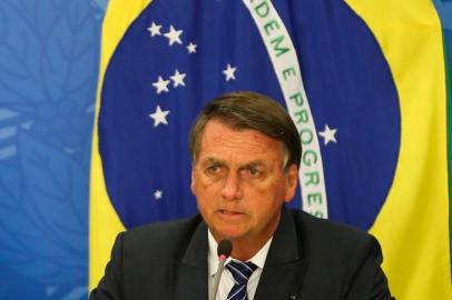 O presidente da República, Jair Bolsonaro, em coletiva de imprensa no Palácio do Planalto, em Brasília.<!-- NICAID(15117424) -->