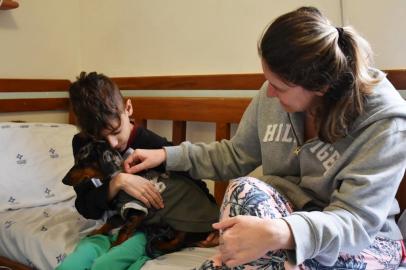 Arthur Maurell Gonçalves dos Santos, 11 anos, internado para tratar um linfome no Hospital da Criança Santo Antônio, em Porto Alegre, recebe a visita do cachorro de estimação, o dachshund Max. No ano passado, Arthur recebeu um transplante de pulmão.<!-- NICAID(15172511) -->