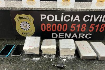 A Polícia Civil prendeu dois homens, de 28 e 35 anos, em flagrante por tráfico de drogas na noite desta segunda-feira (5), em Novo Hamburgo, no Vale dos Sinos. Eles estavam com pouco mais de cinco quilos de cocaína, divididos em ¿tijolos¿, dentro de uma caixa de papelão em um carro. Segundo o Departamento Estadual de Prevenção e Repressão ao Narcotráfico (Denarc), a droga está avaliada em cerca de R$ 100 mil e a dupla faz parte de um esquema de tele-entrega de entorpecentes. Um Sandero, utilizado para as entregas, também foi apreendido.<!-- NICAID(15198665) -->