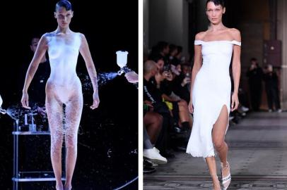 Vestido tinta na semana de moda de Paris, Bella Hadid teve o corpo pintado e peça se transformou em tecido<!-- NICAID(15222839) -->