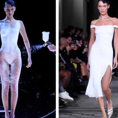 Vestido tinta na semana de moda de Paris, Bella Hadid teve o corpo pintado e peça se transformou em tecido<!-- NICAID(15222839) -->