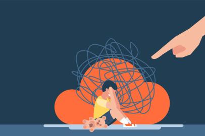 Bullying, harassment of children. The man points a finger at the guy. The little boy is sitting on the floor and crying. Insecurity, bullying of children. Flat design. Abstract illustration. VectorFonte: 496426434<!-- NICAID(15215478) -->