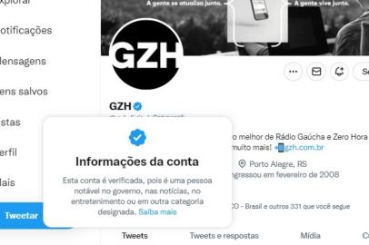 *A PEDIDO DE MARCEL HARTMANN* Conta de GZH mostra selo azul indicando que houve verificação pelo Twitter. - Foto: Twtiter/Reprodução<!-- NICAID(15264561) -->