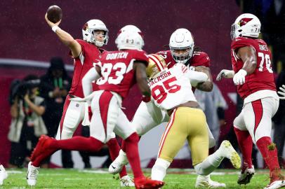 MEXICO CITY, MEXICO - NOVEMBER 21: Colt McCoy #12 of the Arizona Cardinals throws a pass against the San Francisco 49ers during the first half at Estadio Azteca on November 21, 2022 in Mexico City, Mexico.   Sean M. Haffey/Getty Images/AFP (Photo by Sean M. Haffey / GETTY IMAGES NORTH AMERICA / Getty Images via AFP)<!-- NICAID(15272484) -->