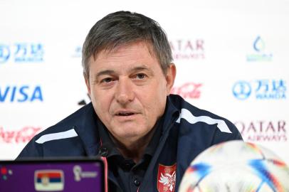 Serbias coach #00 Dragan Stojkovic attends a press conference at the Qatar National Convention Center (QNCC) in Doha on November 23, 2022, on the eve of the Qatar 2022 World Cup football match between Brazil and Serbia. (Photo by ANDREJ ISAKOVIC / AFP)<!-- NICAID(15273629) -->