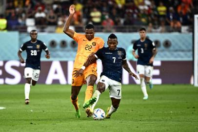 Netherlands defender #22 Denzel Dumfries (L) and Ecuadors defender #07 Pervis Estupinan fight for the ball during the Qatar 2022 World Cup Group A football match between the Netherlands and Ecuador at the Khalifa International Stadium in Doha on November 25, 2022. (Photo by Jewel SAMAD / AFP)Editoria: SPOLocal: DohaIndexador: JEWEL SAMADSecao: soccerFonte: AFPFotógrafo: STF<!-- NICAID(15276687) -->