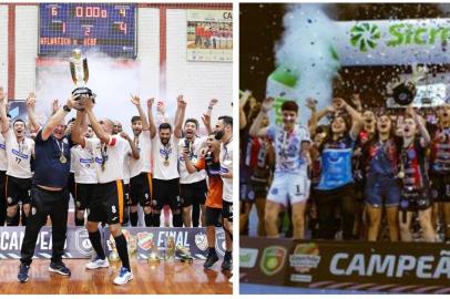 Montagem dos campeões gaúchos de futsal da Liga Gaúcha em 2022 - ACBF no masculino e Celemaster no feminino.<!-- NICAID(15297419) -->