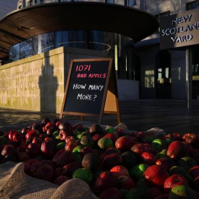 1,071 mock rotten apples are pictured outside New Scotland Yard, the headquarters of Britains Metropolitan Police force, in London on January 20, 2023, to reflect the number of Metropolitan Police officers who have been, or currently are, under investigation for allegations of domestic abuse or violence against women and girls. - The Metropolitan Police, Britains biggest police service, has faced savage criticism after David Carrick pleaded guilty to 24 counts of rape against 12 women and a string of other sex offences over two decades. (Photo by Daniel LEAL / AFP)<!-- NICAID(15327132) -->